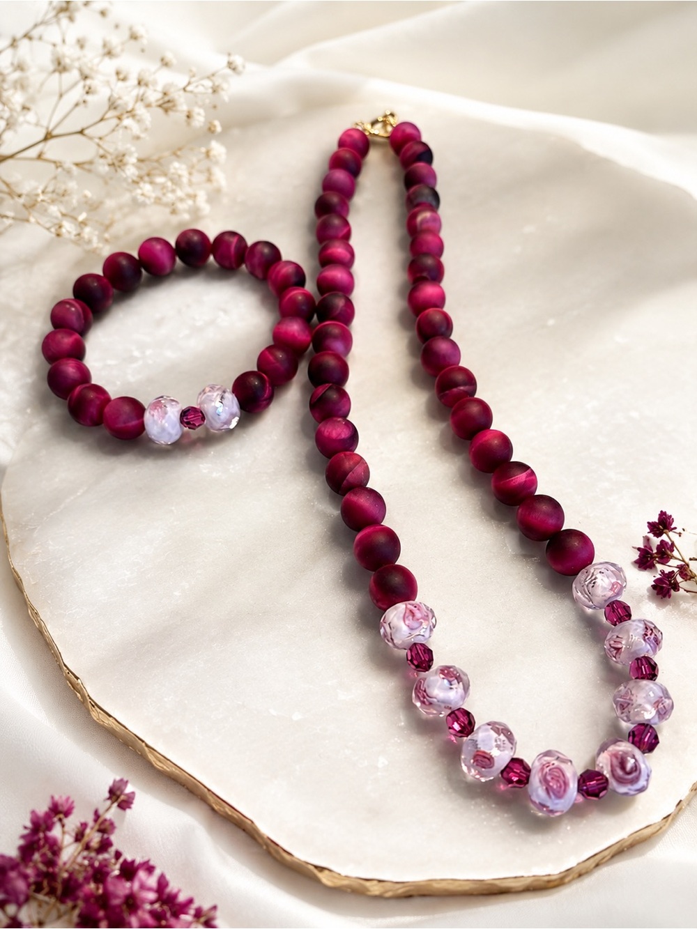 Handmade Matte Fuchsia Beaded Necklace and Bracelet Set - Picture 2 of 4